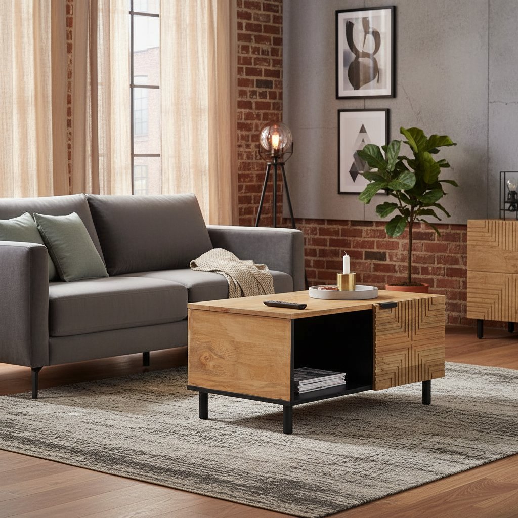 Table Basse Industrielle en Bois Massif avec Rangement