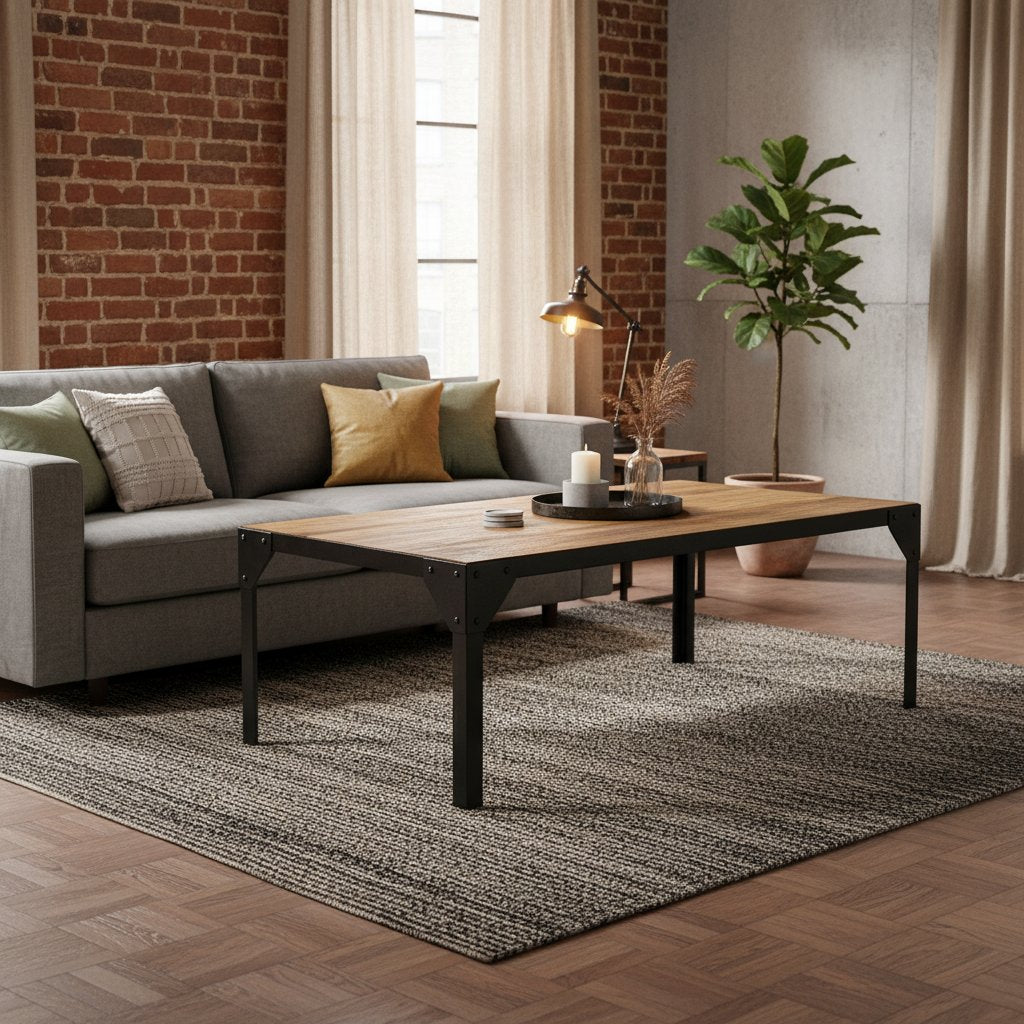 Table Basse Industrielle en Bois Massif et Métal Noir