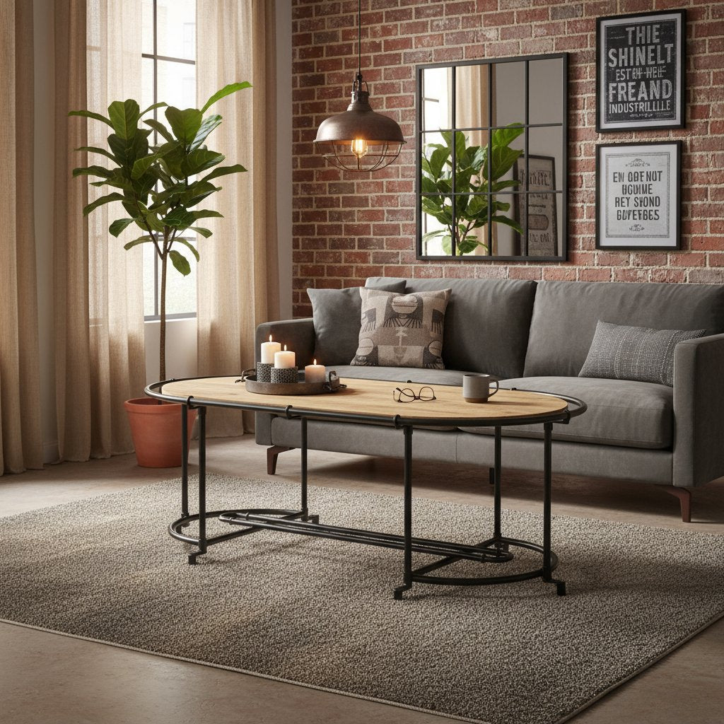 Table Basse Ovale en Bois Massif et Métal