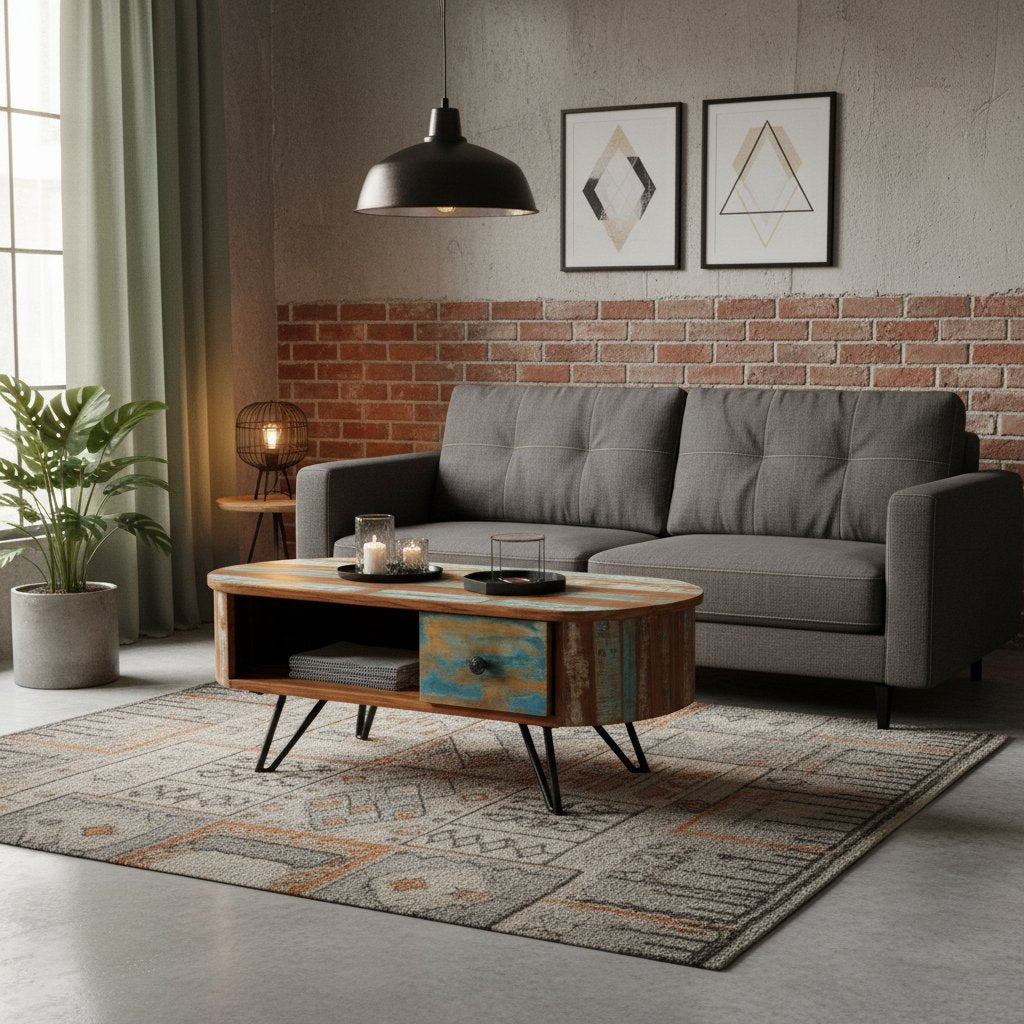 Table Basse Ovale en Bois et Métal Recyclé