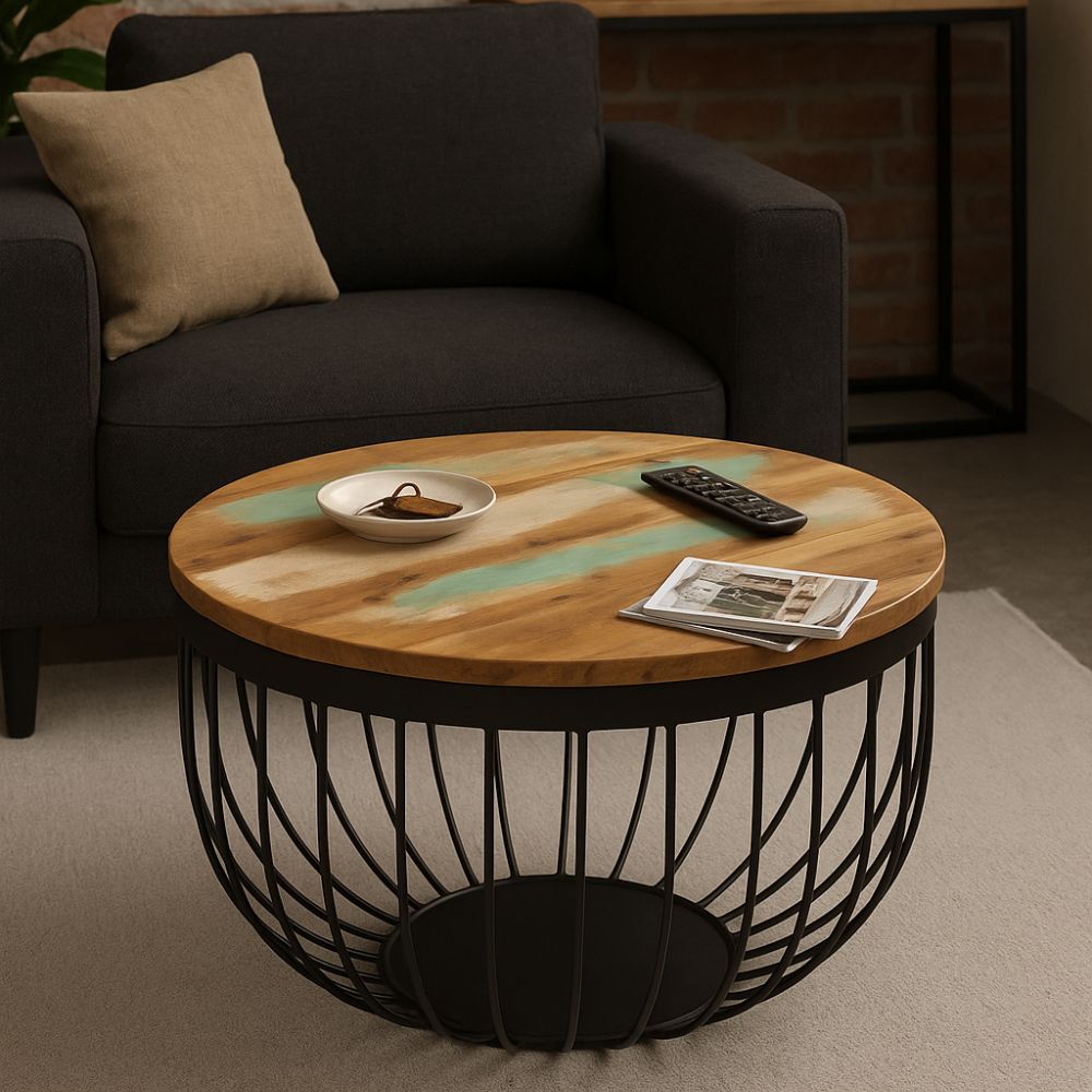 Table Basse Panier en Bois et Acier