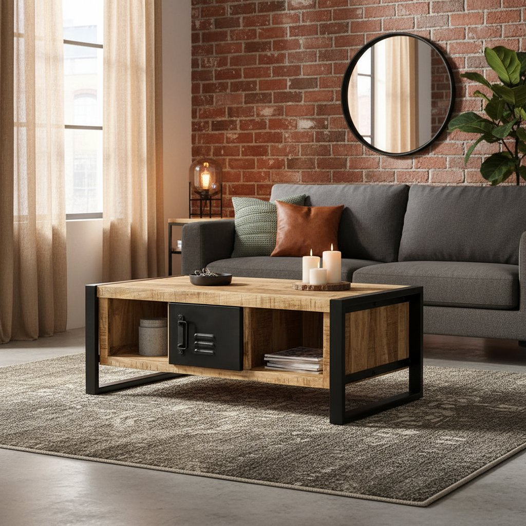 Table Basse Rectangle en Bois de Manguier et Métal