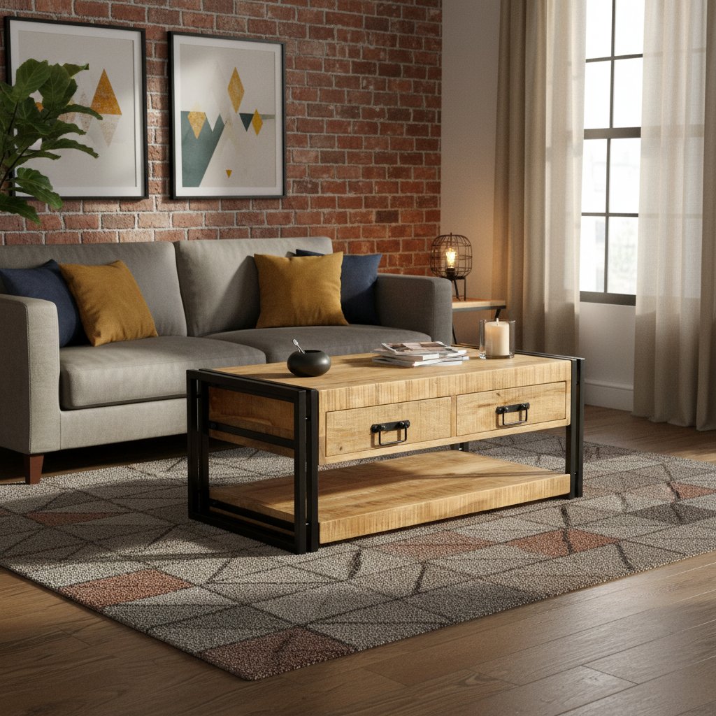 Table Basse Rectangulaire en Fer Forgé et Bois de Manguier