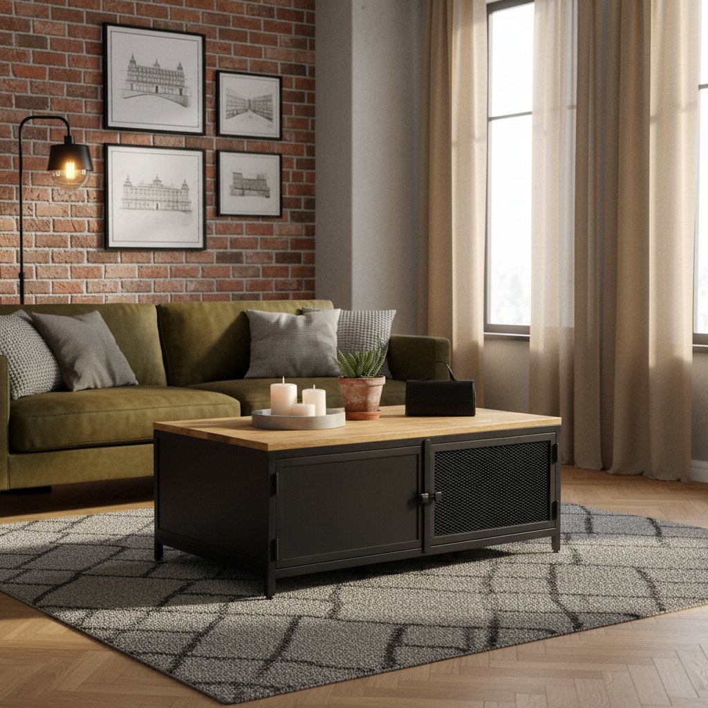 Table Basse Rectangulaire en Métal Noir et Bois de Manguier