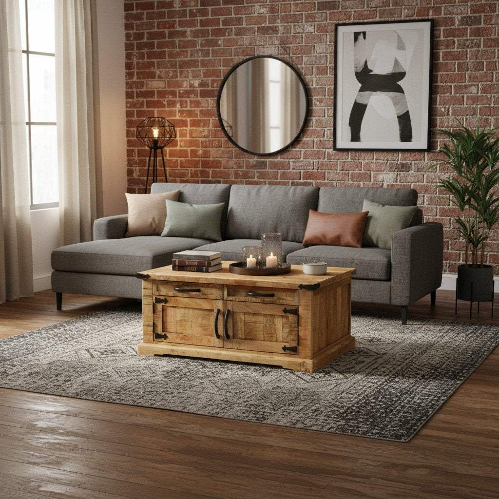 Table Basse Rectangulaire en bois massif et métal noir