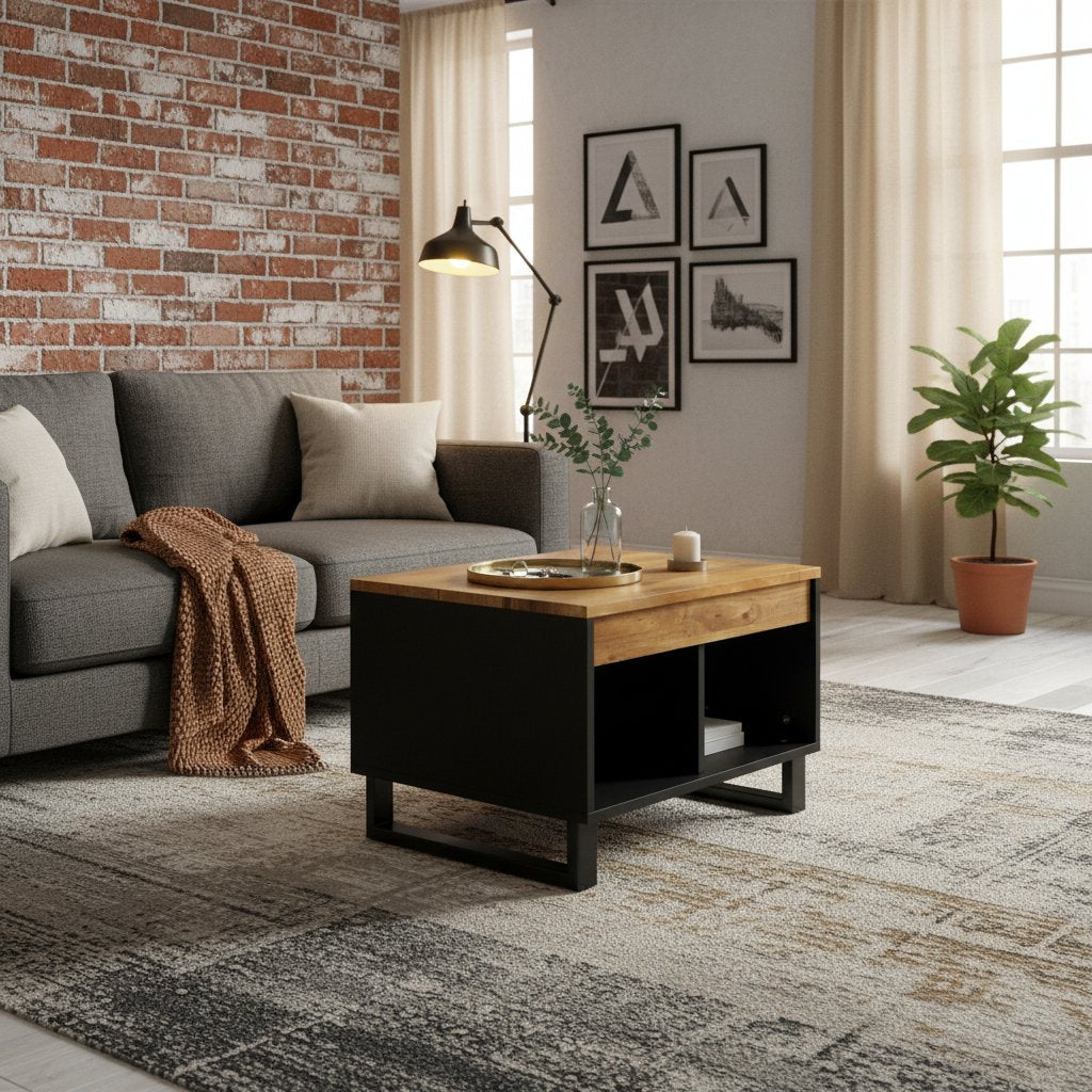 Table Basse avec Plateau en Bois et Pieds en Métal