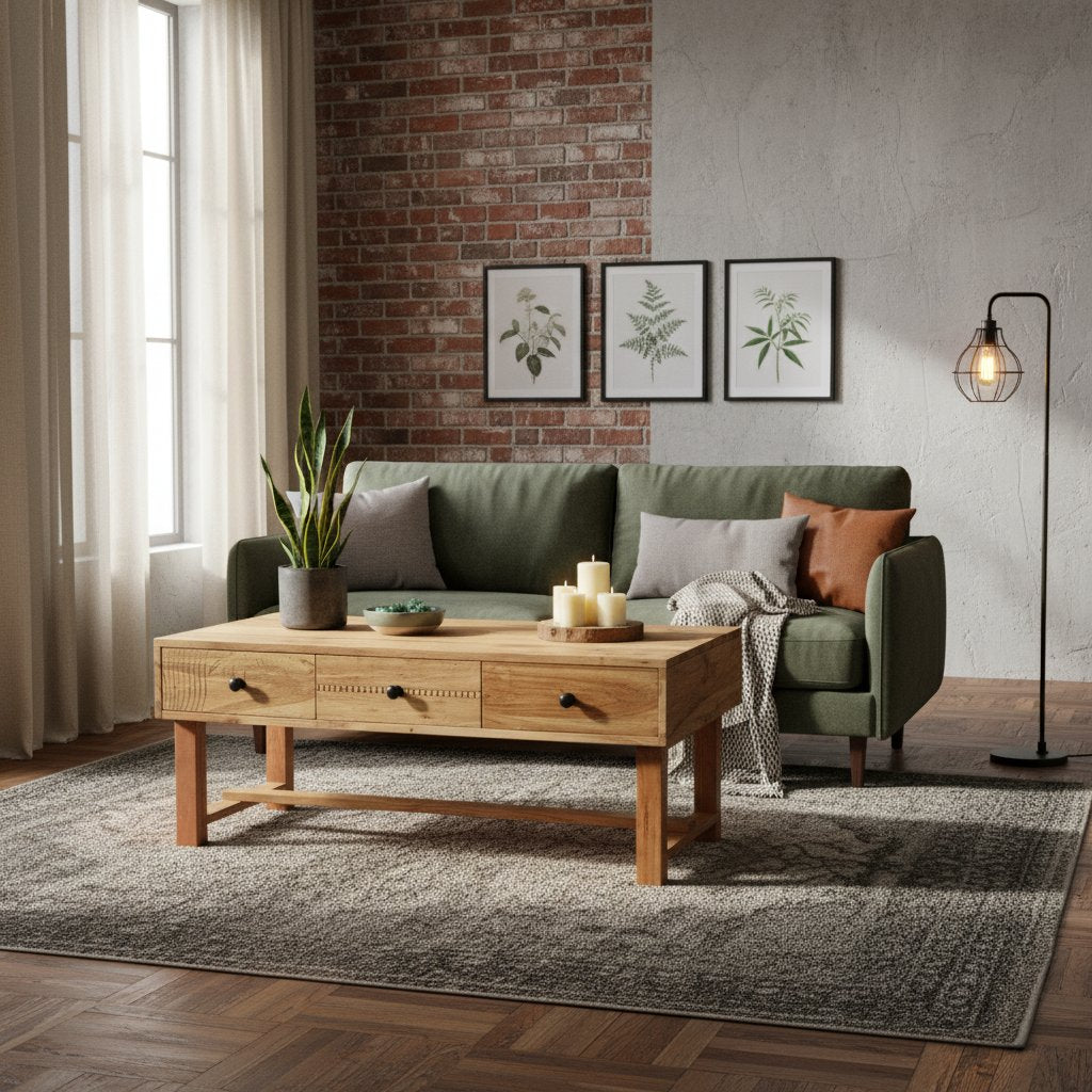 Table Basse en Acacia avec Tiroirs pour un Salon Élégant