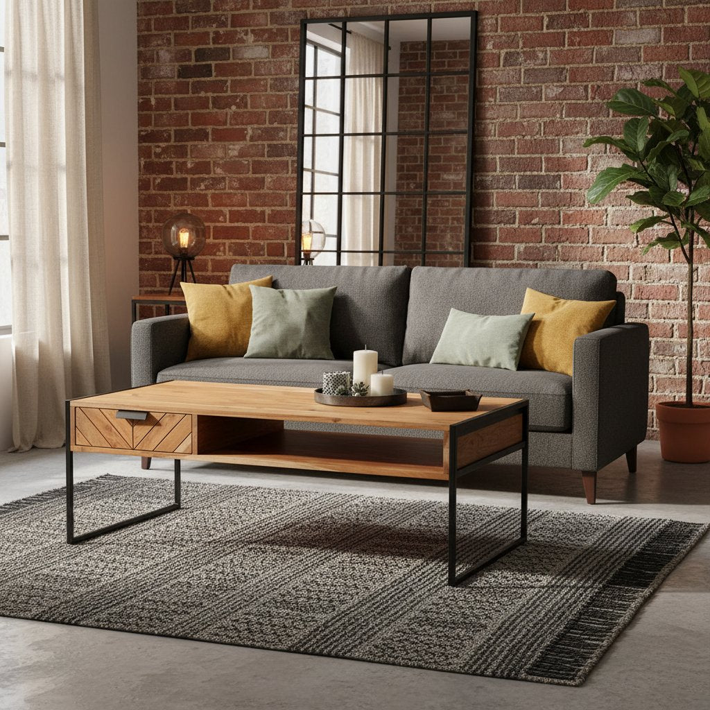 Table Basse en Acacia et Métal Style Industriel
