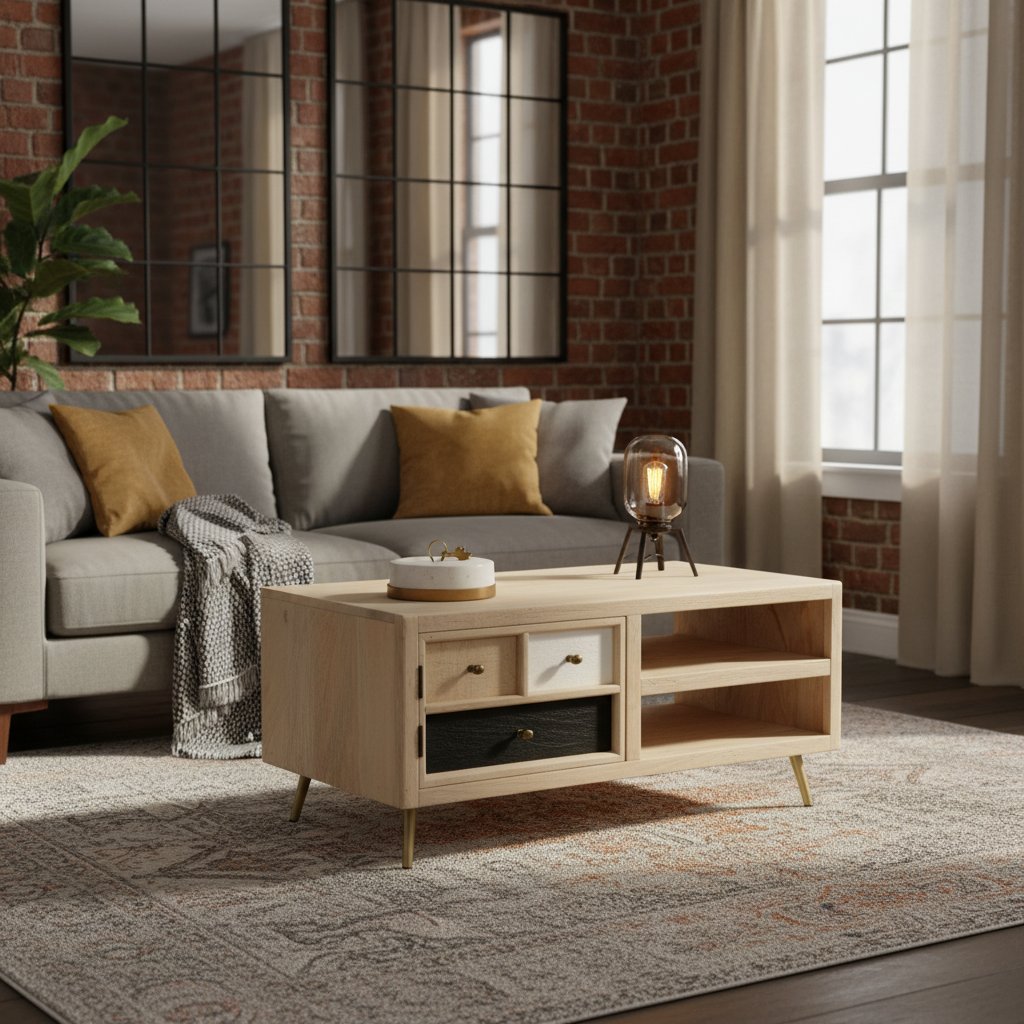 Table Basse en Bois Clair et Pieds Compas Métal