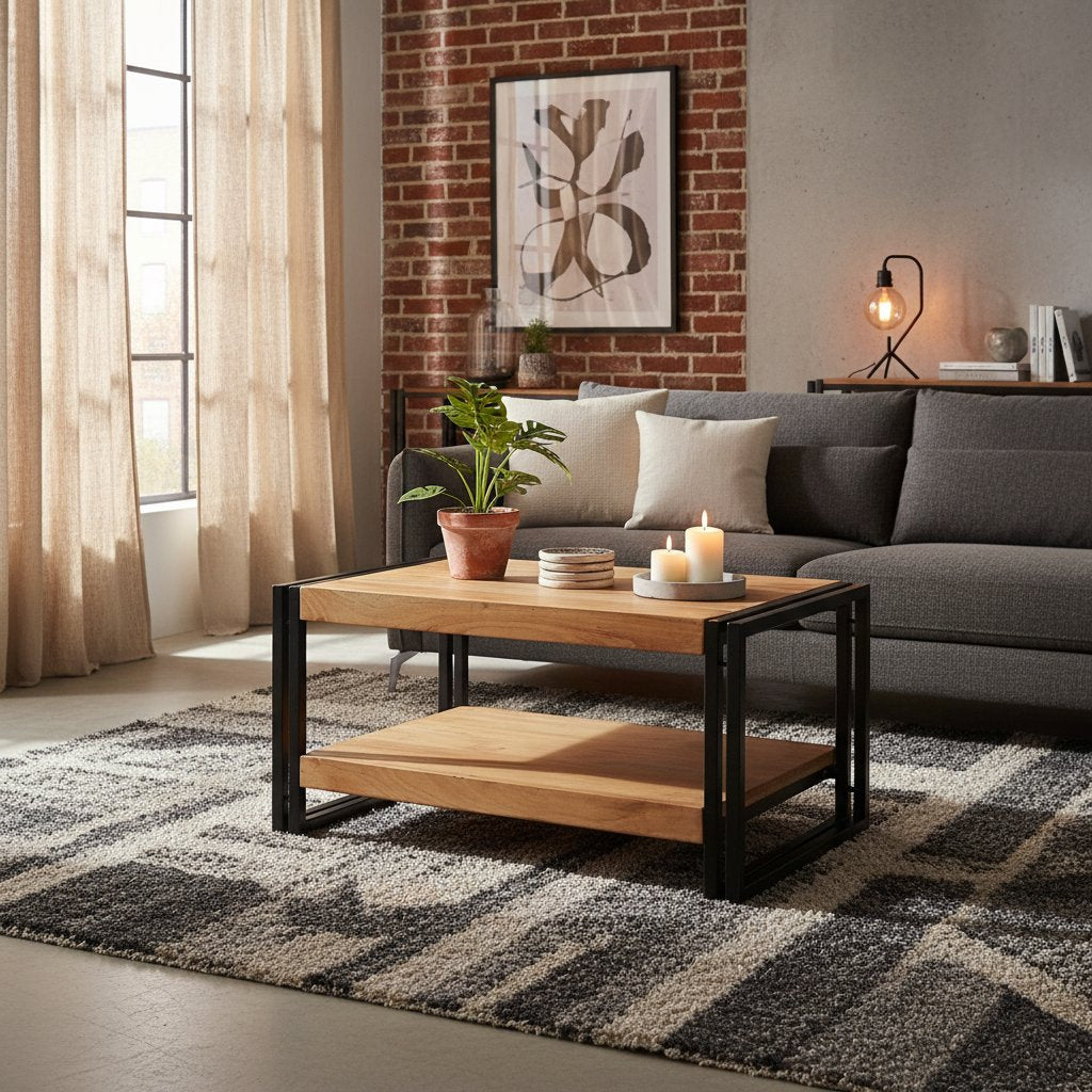 Table Basse en Bois d'Acacia et Métal Style Industriel