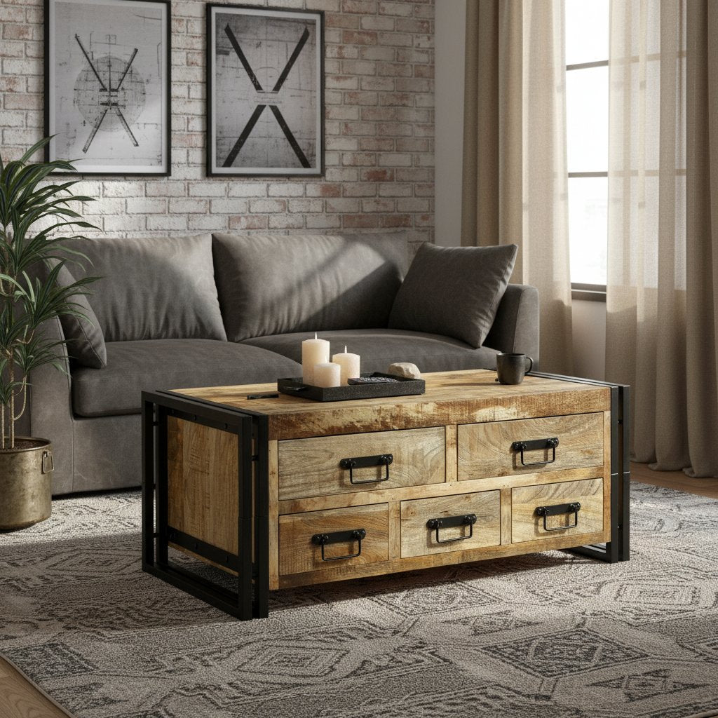 Table Basse en Bois de Manguier avec Tiroir