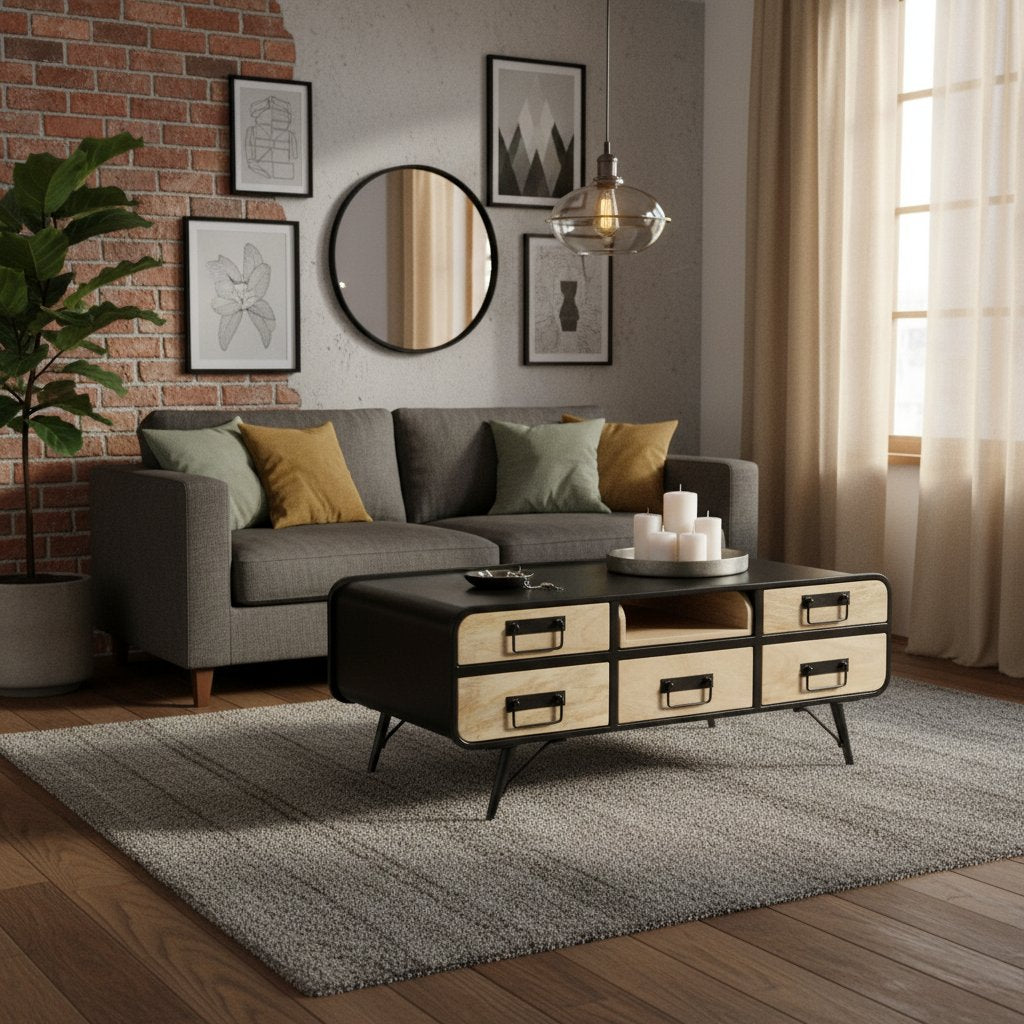 Table Basse en Bois de Manguier et Métal Style Industriel