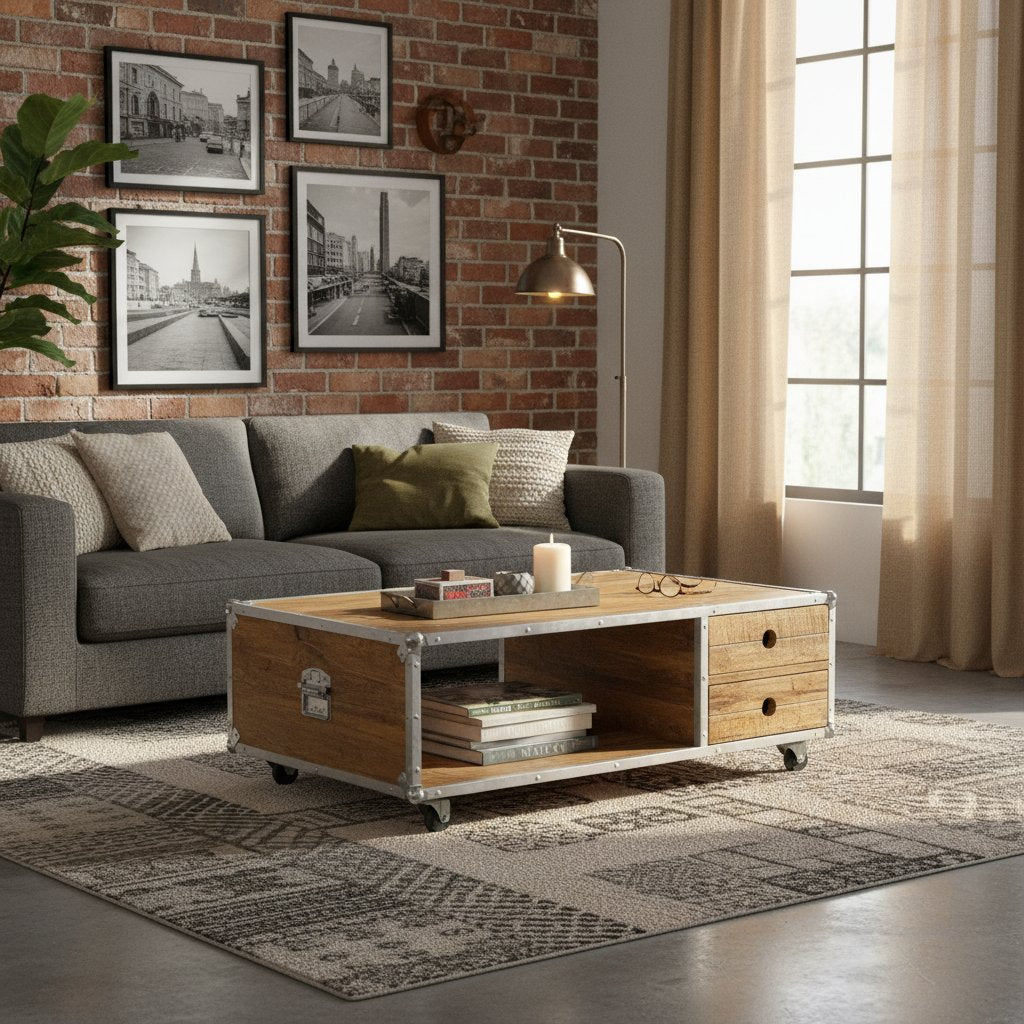 Table Basse en Bois de Manguier et Métal avec Roulettes