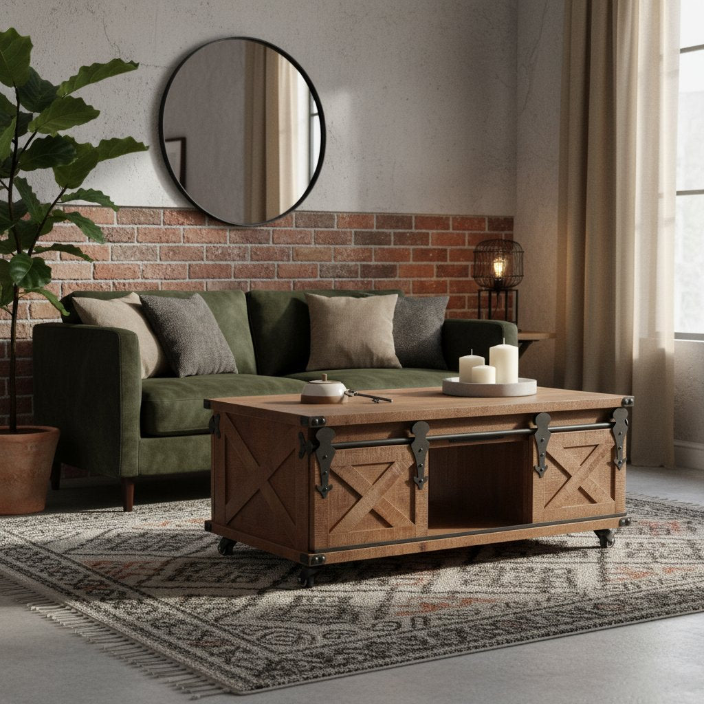 Table Basse en Bois de Sapin et Métal Noir