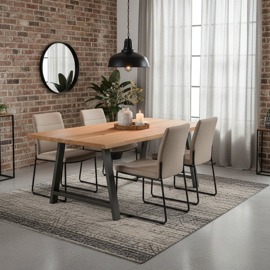 Table Industrielle en Bois Massif et Acier Naturel