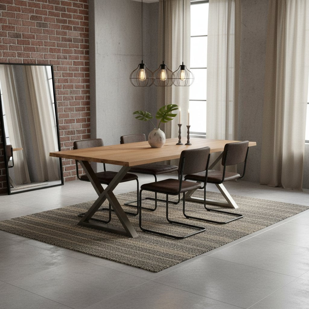 Table Industrielle en Bois avec Pieds Croisés