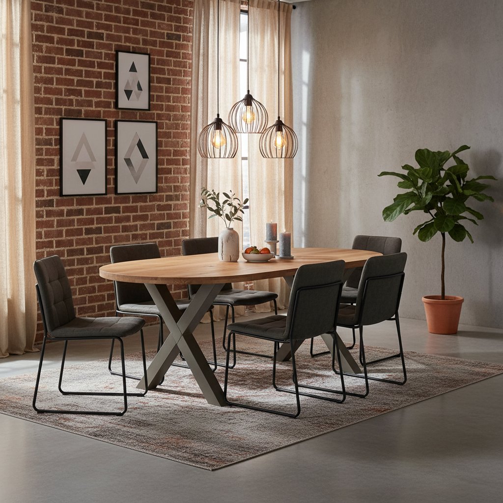 Table Industrielle en Bois de Chêne avec Pieds en X