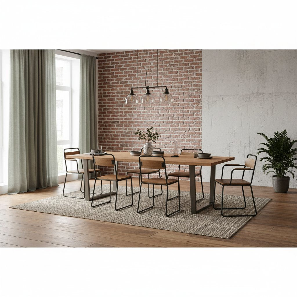 Table Industrielle en Bois de Chêne et Métal pour 10 Personnes