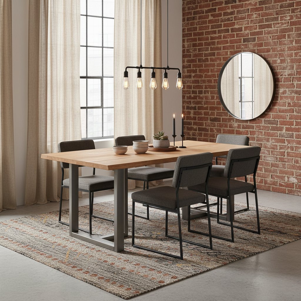 Table Industrielle en Bois de Chêne pour 6 Personnes