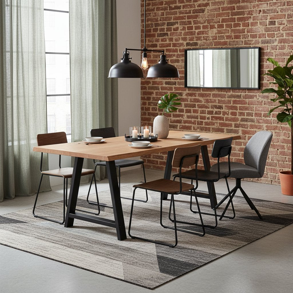 Table Industrielle en Bois et Acier pour 6 Personnes