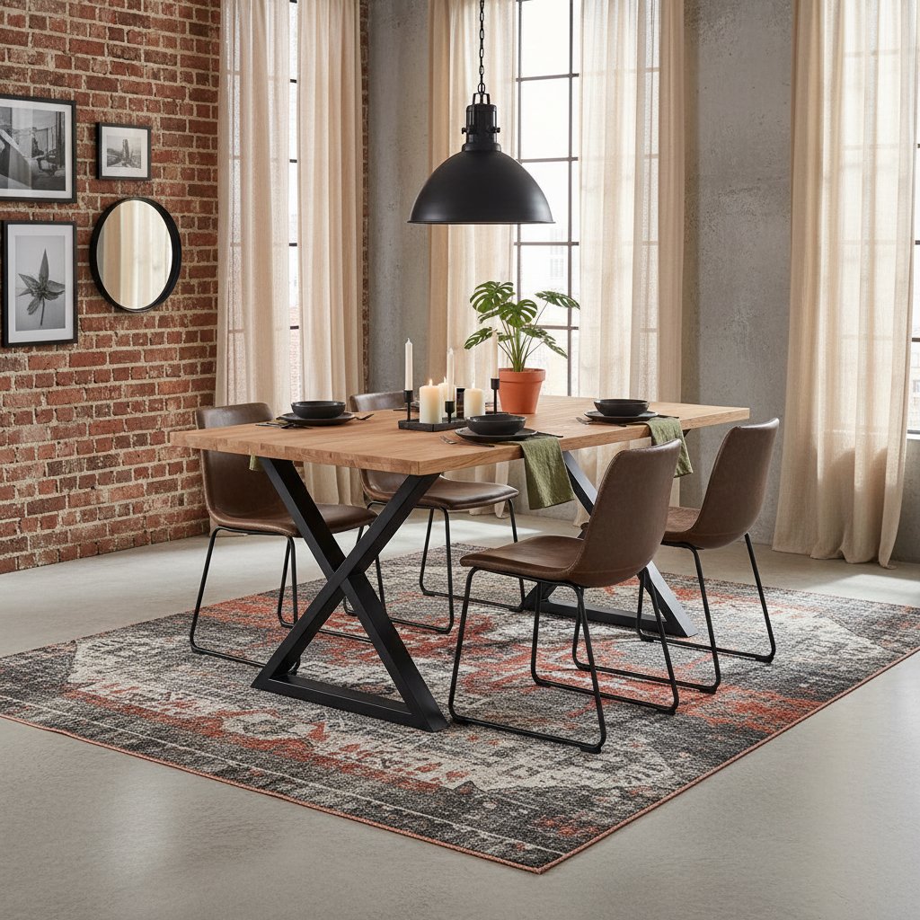 Table Industrielle en Bois et Pieds Noirs Croisés