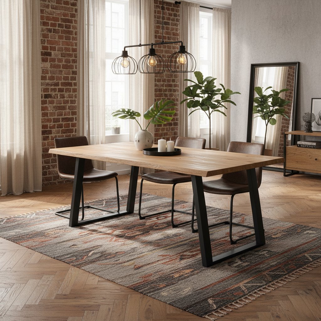 Table Industrielle en Chêne et Pieds Métal Noir