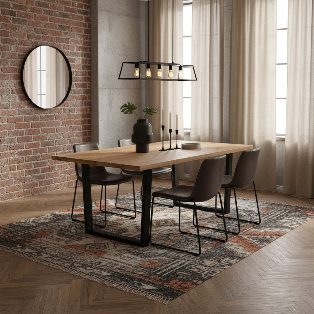 Table Industrielle en bois de Chêne et Métal Noir