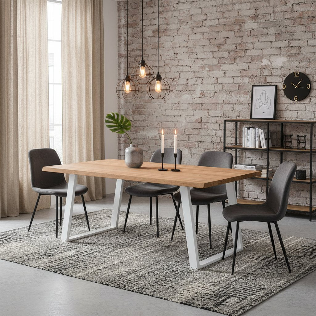 Table à Manger Industrielle en Chêne et Pieds Blancs