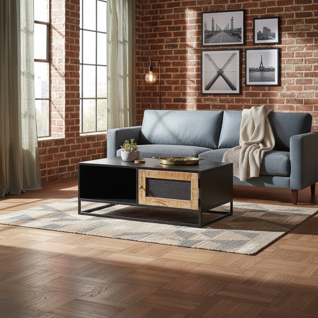 Table basse industrielle en bois de manguier noir