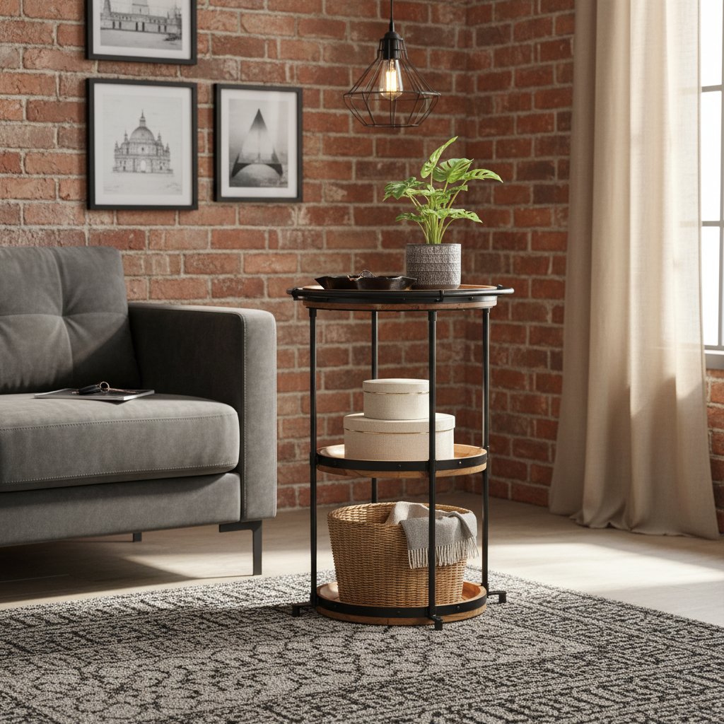 Table d'Appoint Industrielle 3 Niveaux en Bois et Fer Noir