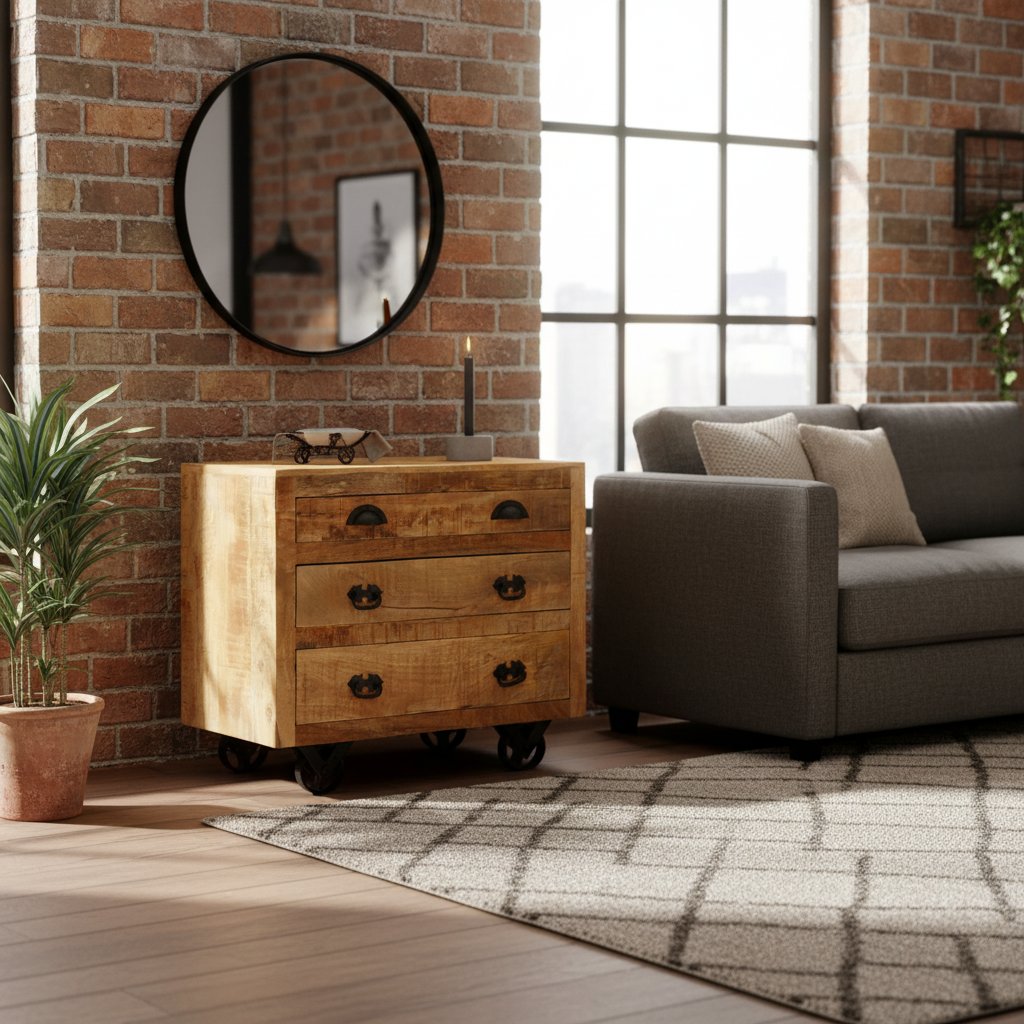 Table d'Appoint Industrielle avec Roulettes en Métal