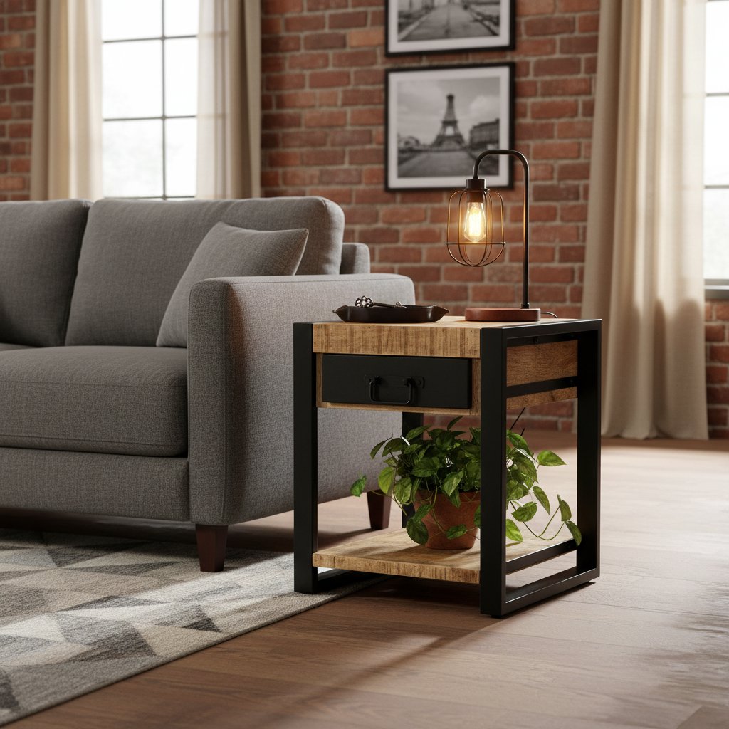Table d'Appoint Industrielle en Acier et Bois Brut