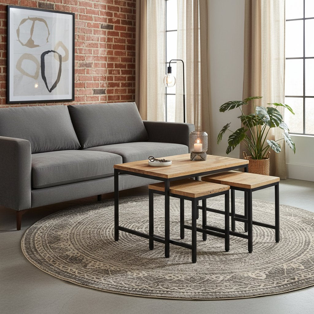 Table d'Appoint Industrielle en Bois Brut et Fer