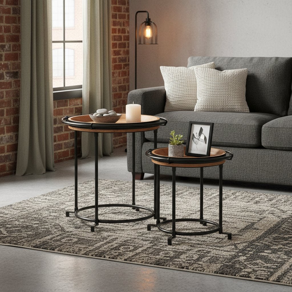 Table d'Appoint Industrielle en Bois et Fer Forgé