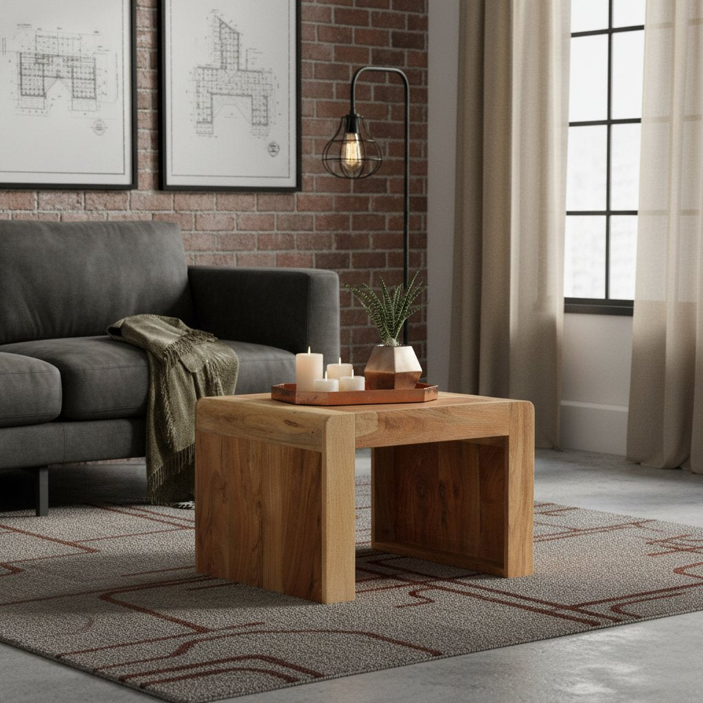 Table d'Appoint en Bois d'Acacia Style Industriel