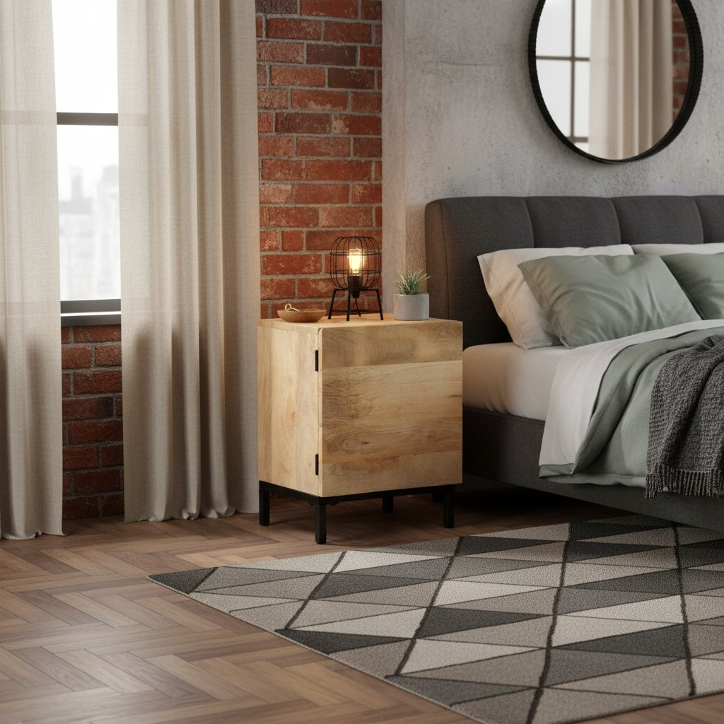 Table de Chevet Industrielle en Bois Clair et Acier