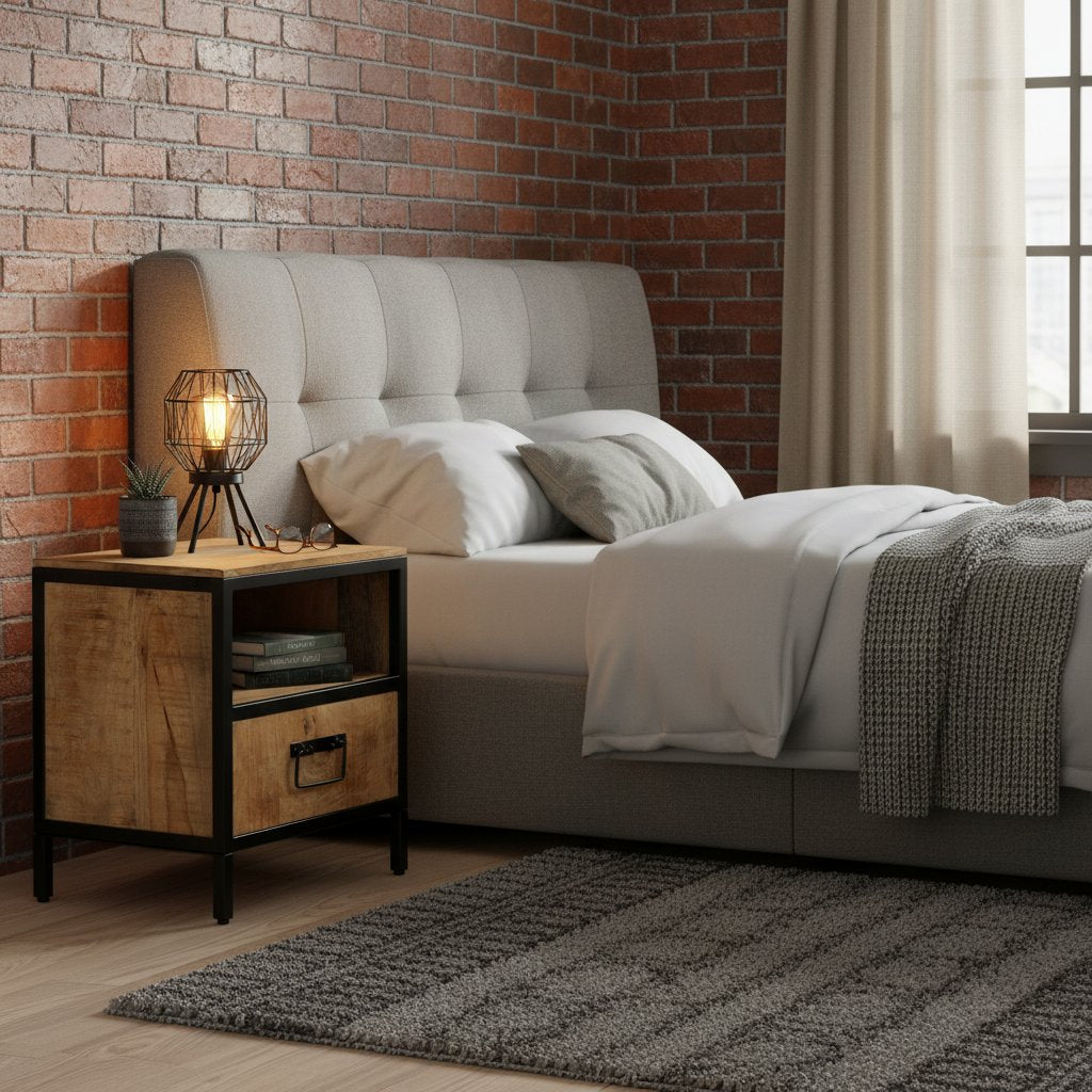 Table de Chevet Industrielle en Bois et Fer 50 cm