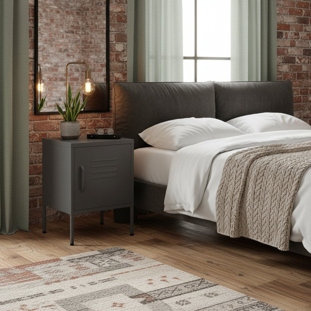 Table de Chevet au Style Industriel en Acier Gris