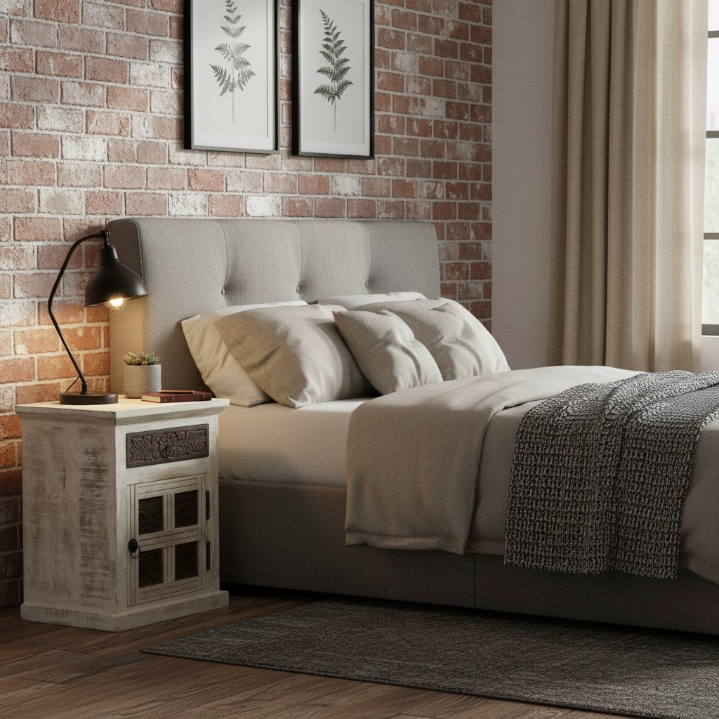 Table de Chevet en Bois Blanc Vieilli