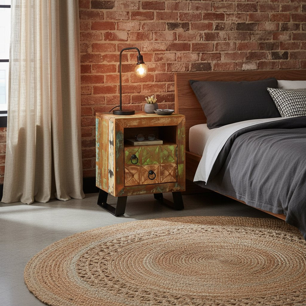 Table de Chevet en Bois Recyclé au Style Industriel