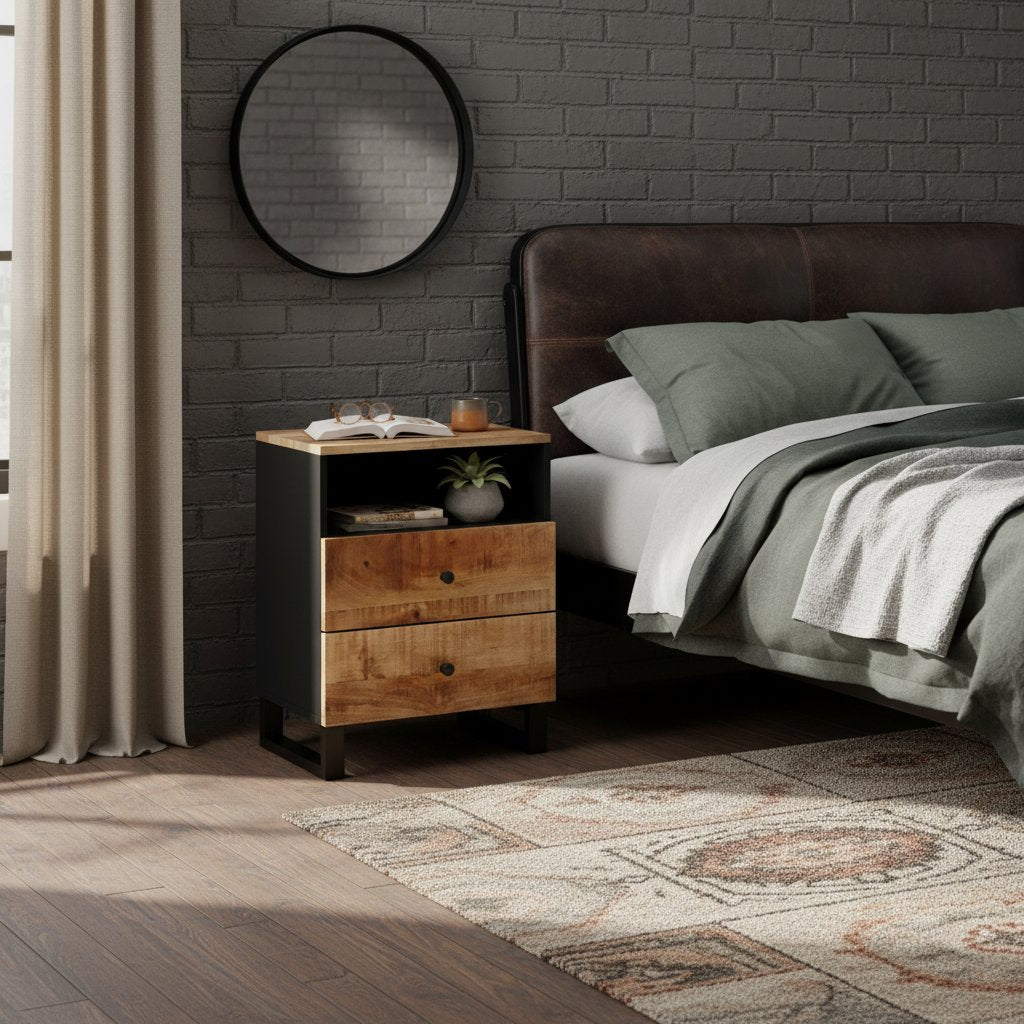 Table de Chevet en Bois et Métal Industriel Noir