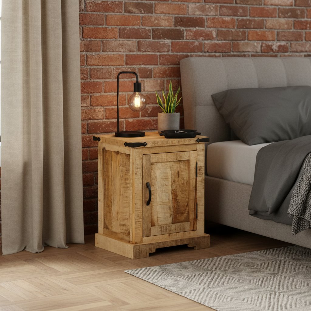 Table de Nuit Industrielle en Bois Clair de Manguier