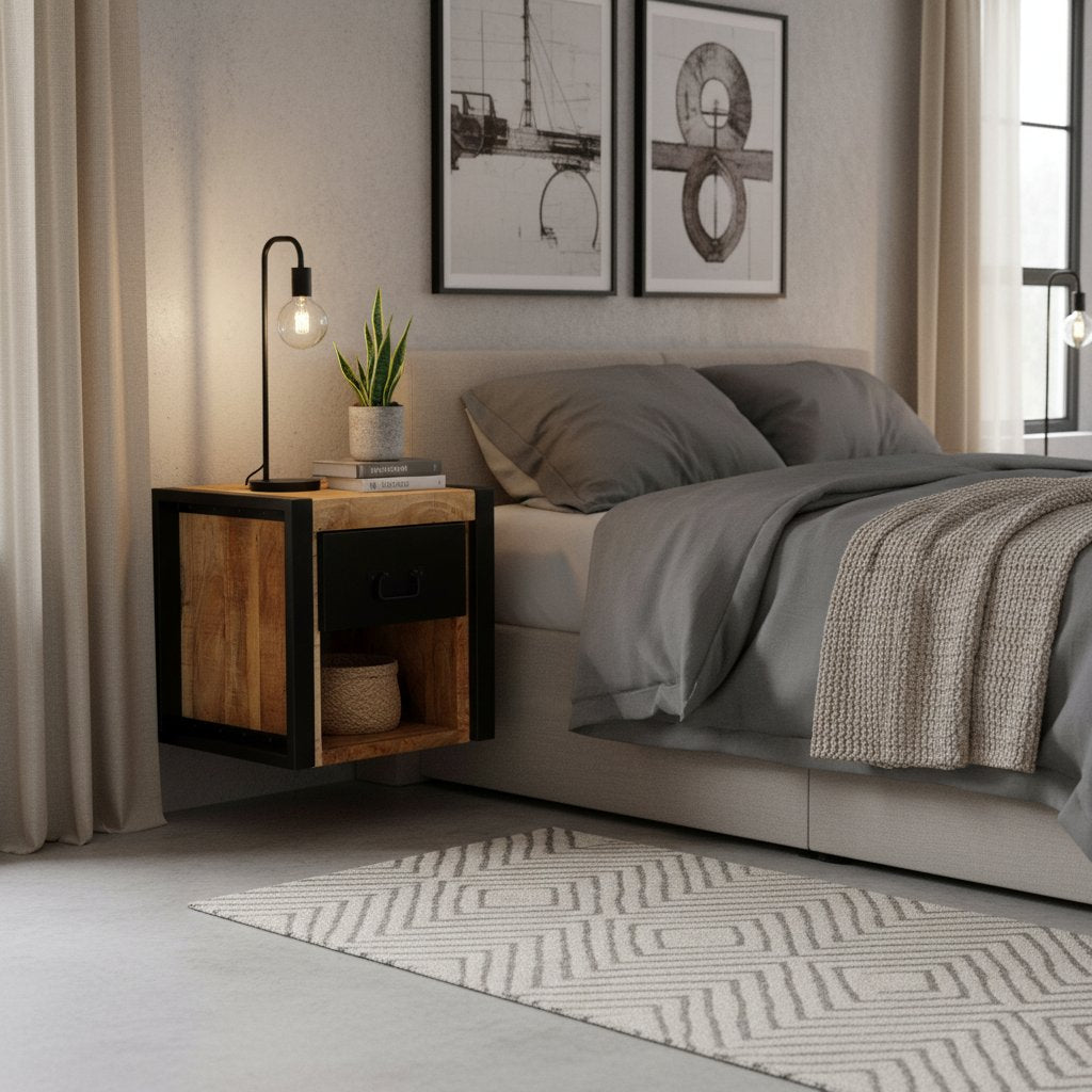 Table de Nuit Industrielle en Bois Massif et Métal Noir