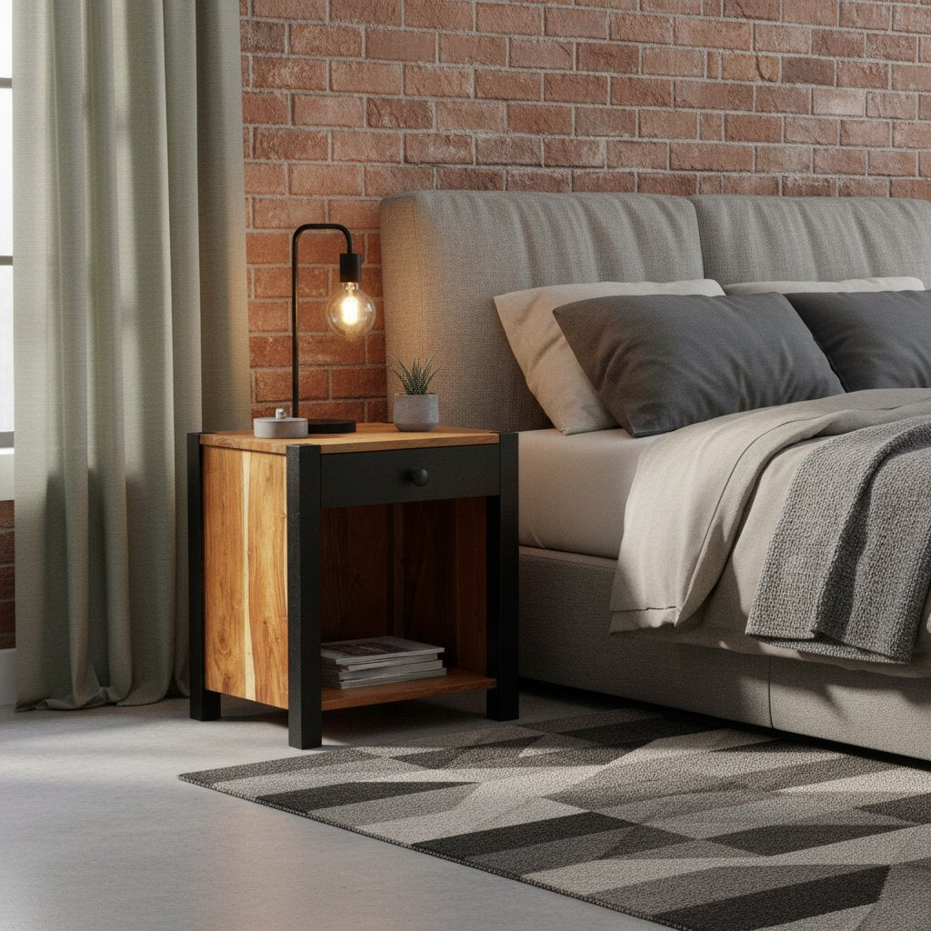 Table de Nuit Industrielle en Bois Noir