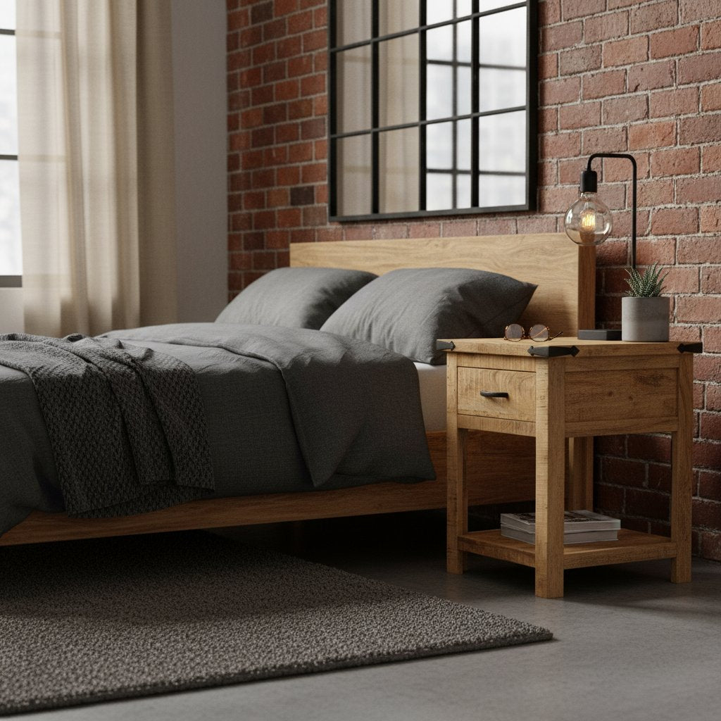 Table de Nuit Industrielle en Bois de Manguier Brut