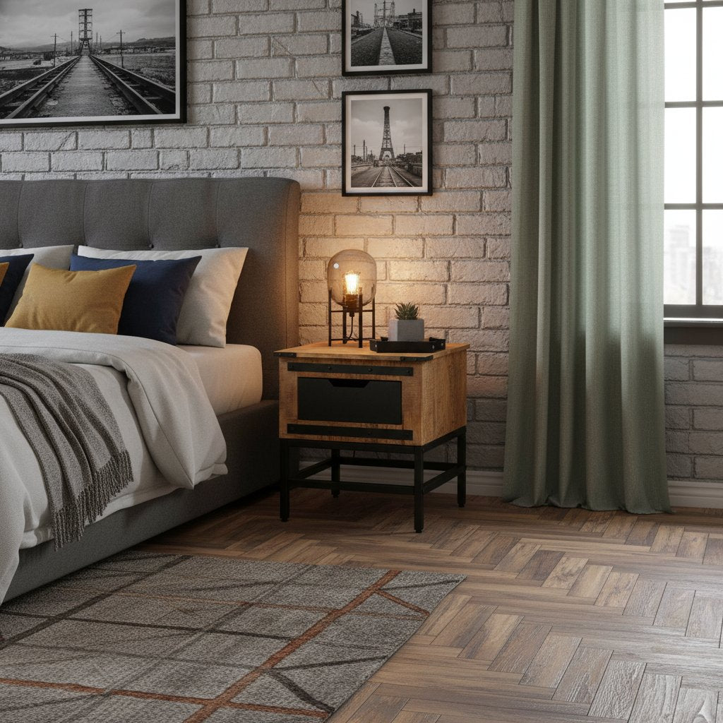 Table de Nuit Industrielle en Manguier et Pieds en Métal