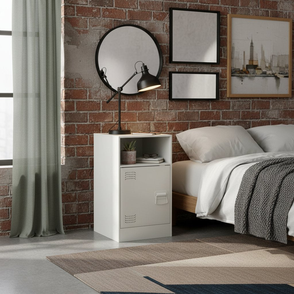 Table de Nuit Industrielle en Métal Blanc