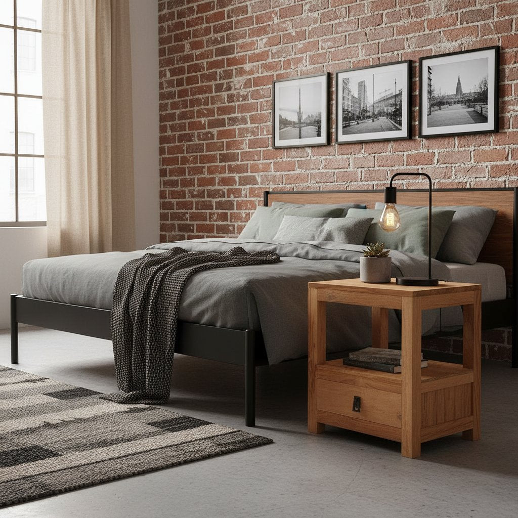 Table de Nuit Industrielle en Teck Massif