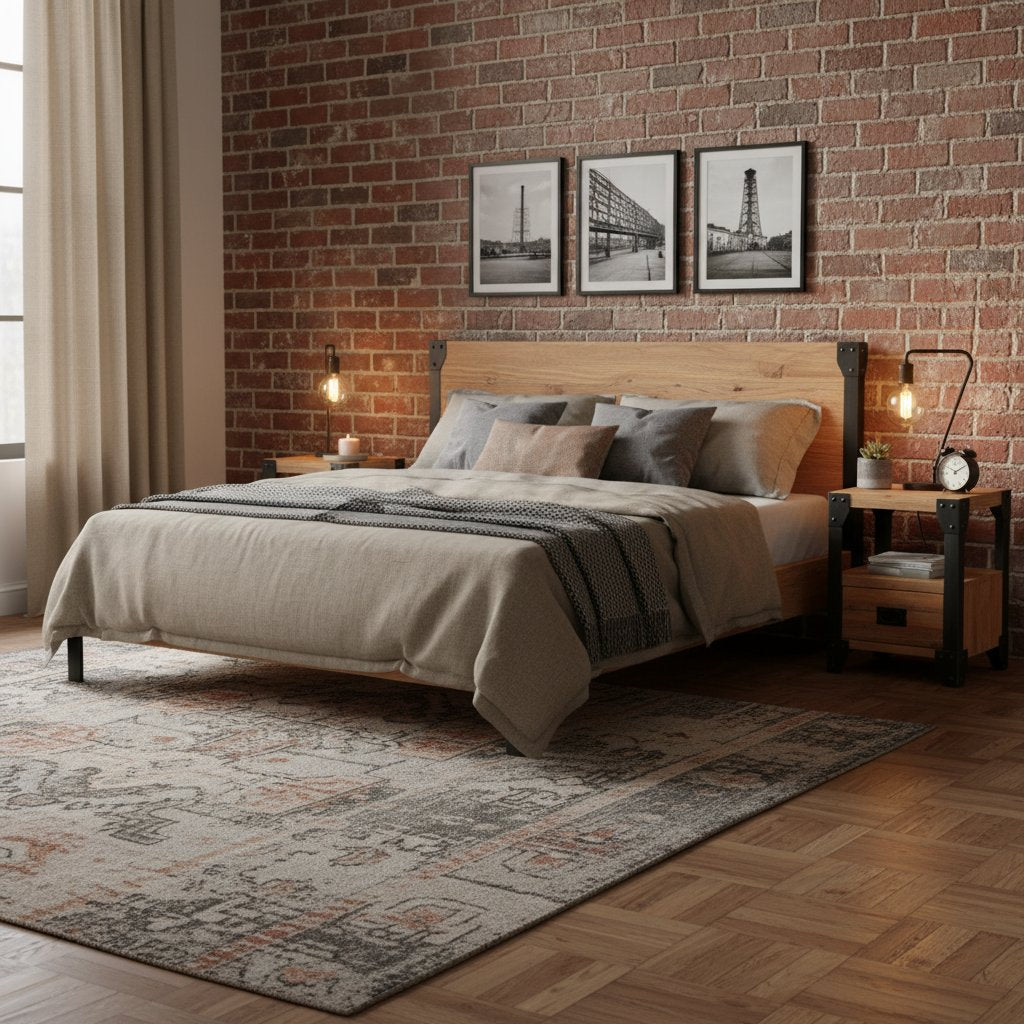 Table de Nuit en Bois d'Acacia et Acier avec Tiroir