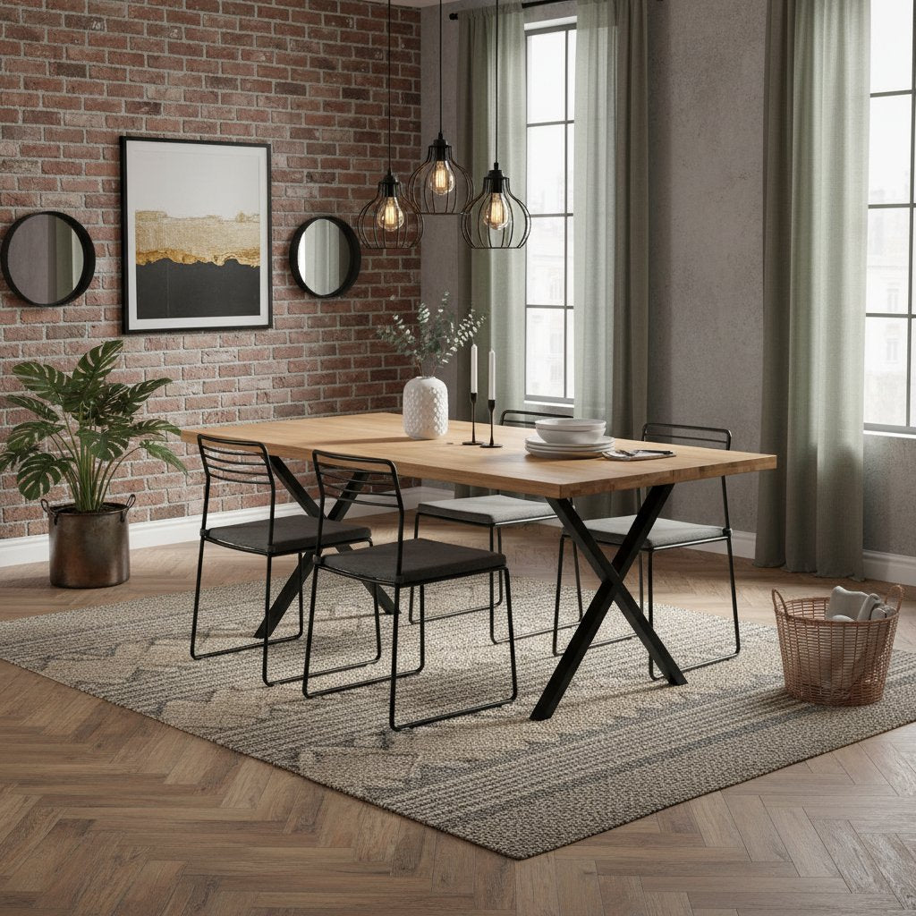 Table en Bois de Chêne Massif et Pieds Métal Noir